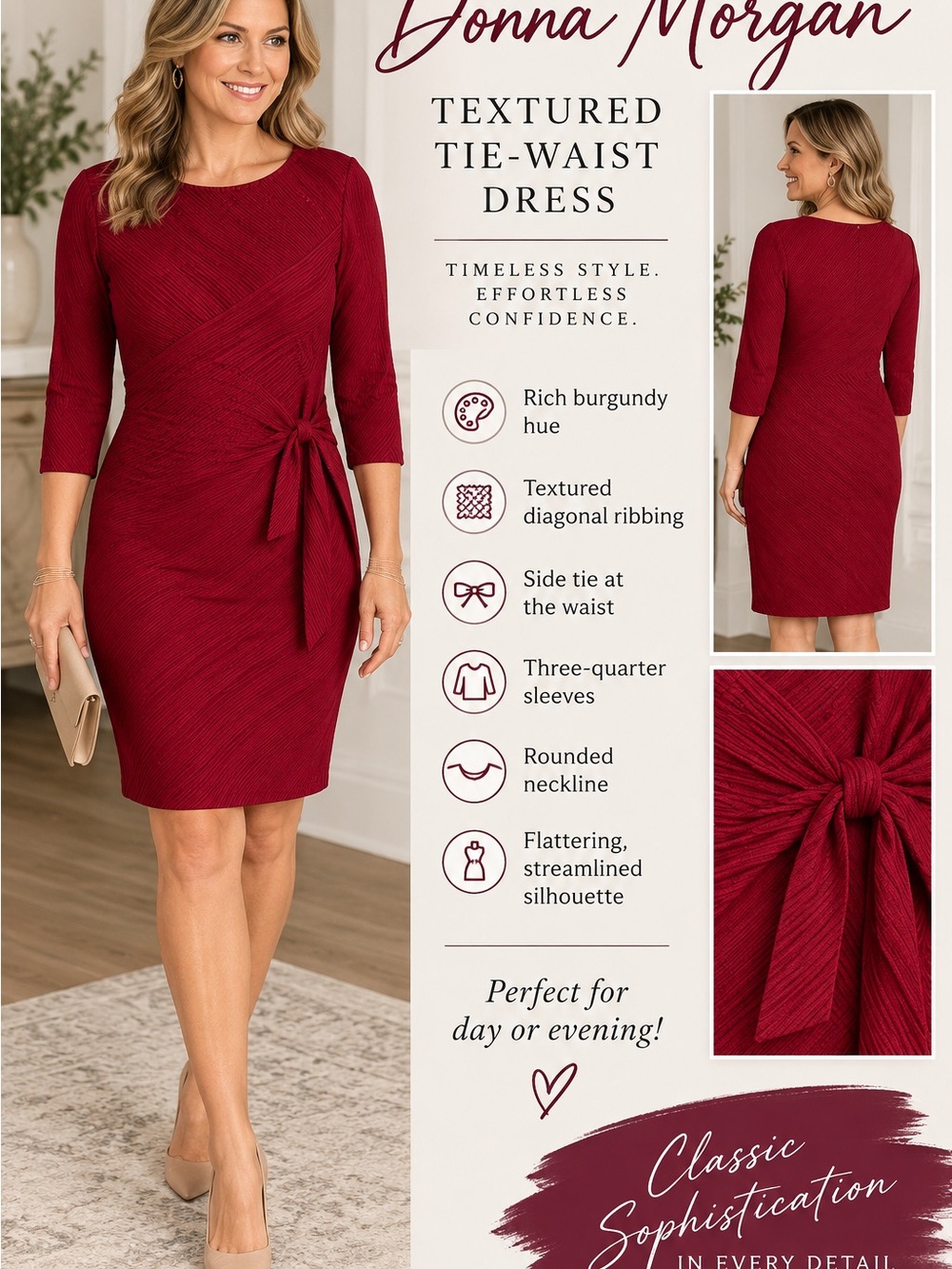 Donna Morgan Burgundy Textured Tie-Waist Midi Dress size 10